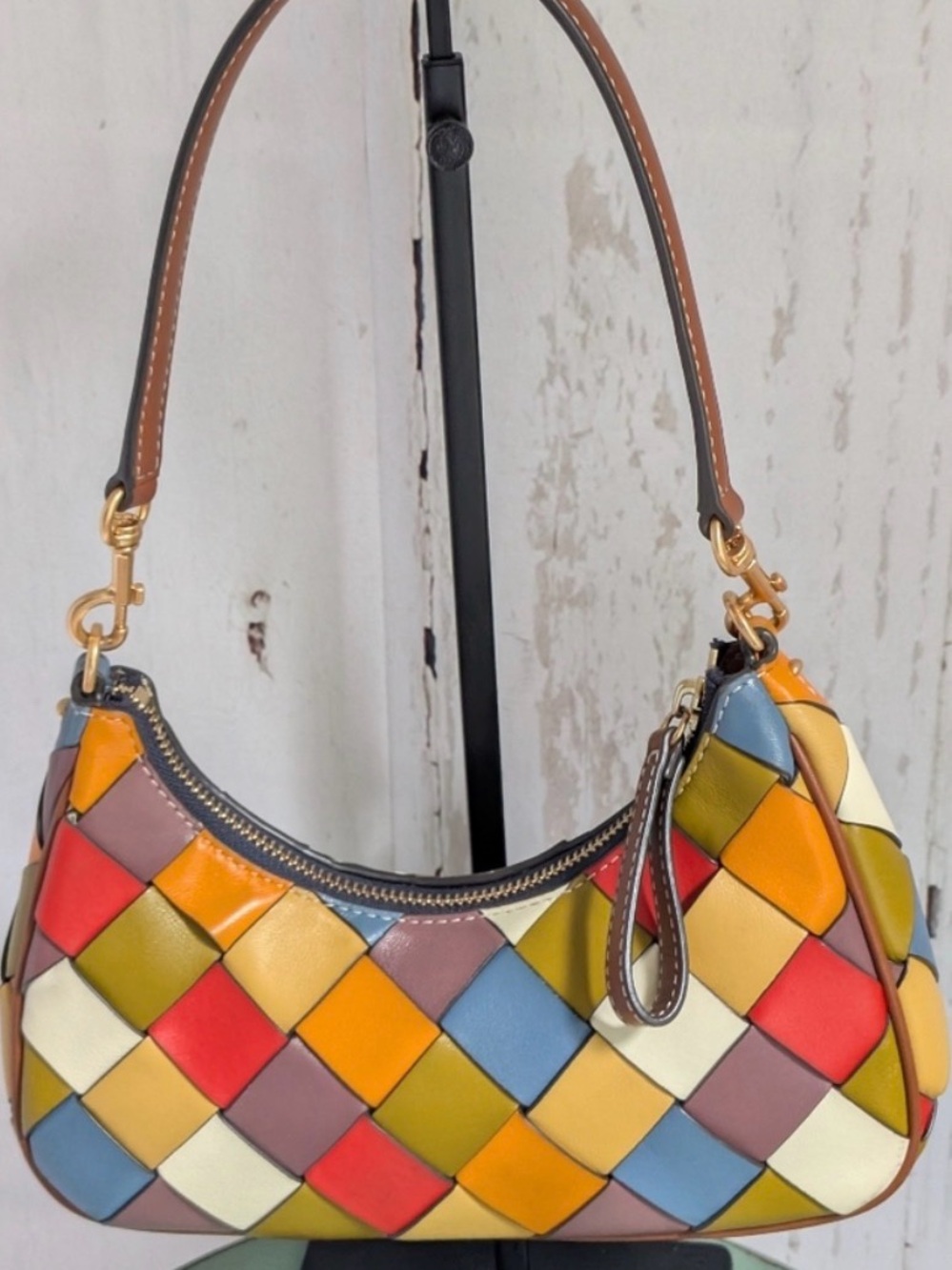 Tory Burch Patchwork Woven Leather 151 Small Crescent Handbag- 3 Carry Options - Picture 5 of 10